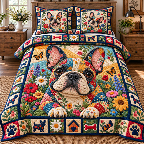 Floral Bulldog Patchwork 3-Piece Quilted Bedding Set GFTOTP23013