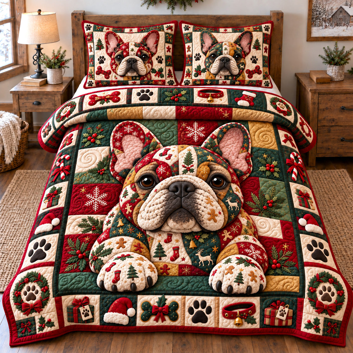 Festive Patchwork Frenchie 3-Piece Quilted Bedding Set GFTOTP23014