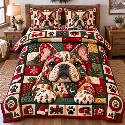 Festive Patchwork Frenchie 3-Piece Quilted Bedding Set GFTOTP23014