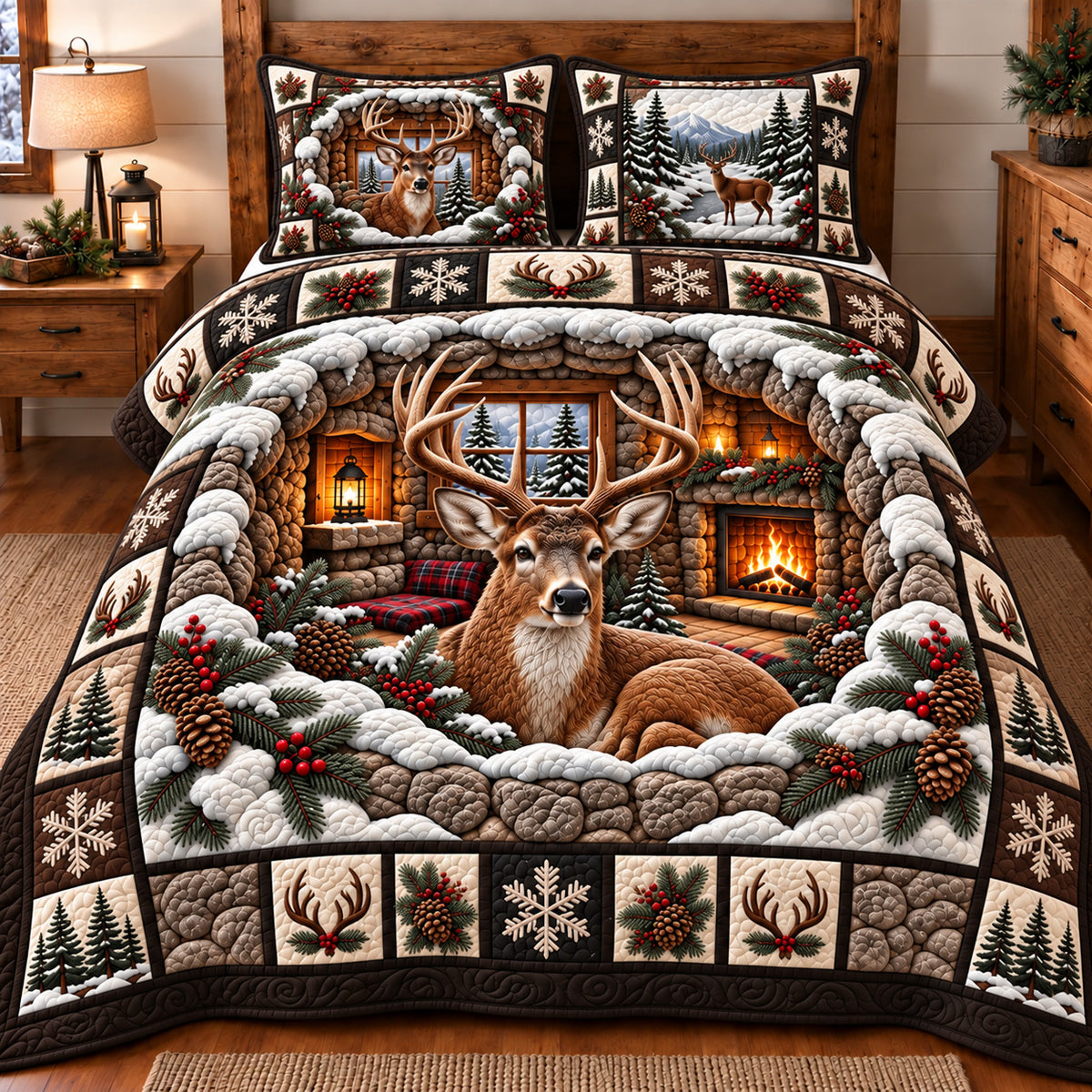 Winter Lodge Deer 3-Piece Quilted Bedding Set GFTOTP23015