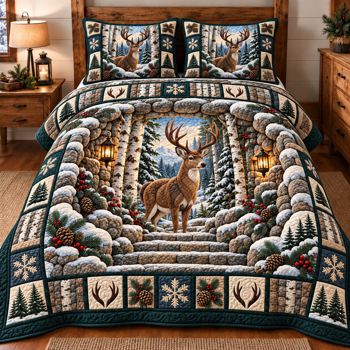 Snowy Birch Deer 3-Piece Quilted Bedding Set GFTOTP23017