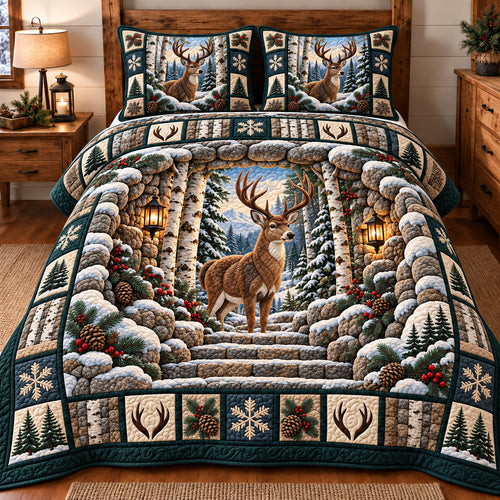 Snowy Birch Deer 3-Piece Quilted Bedding Set GFTOTP23017