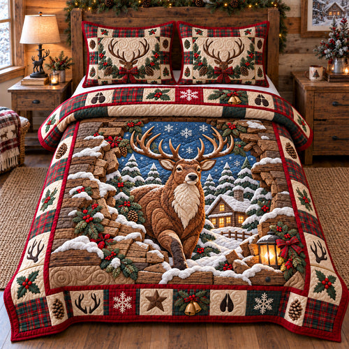 Christmas Forest Deer 3-Piece Quilted Bedding Set GFTOTP23021