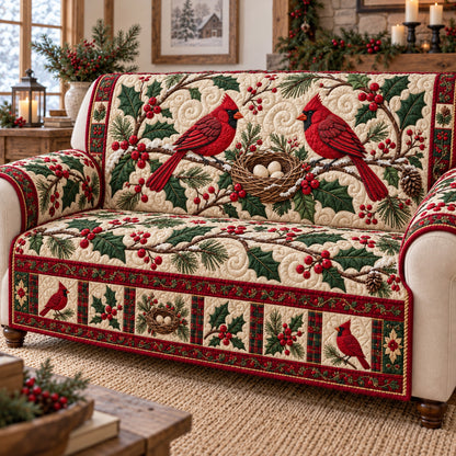Red Cardinals Holly Nest Quilted Sofa Cover GFTOTP23107
