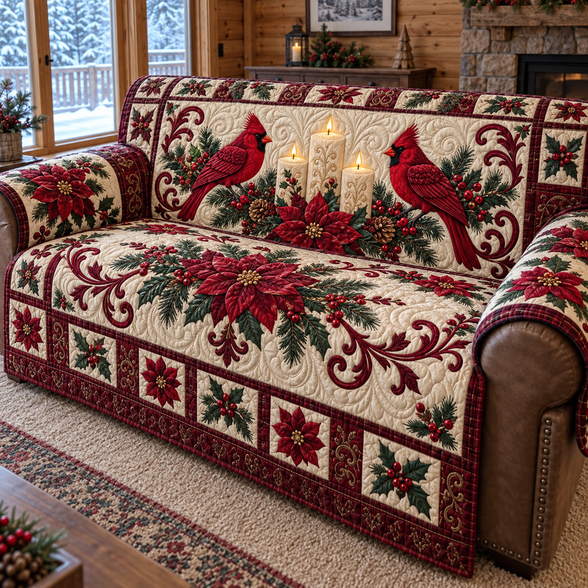 Cardinals Candlelit Poinsettia Quilted Sofa Cover GFTOTP23108