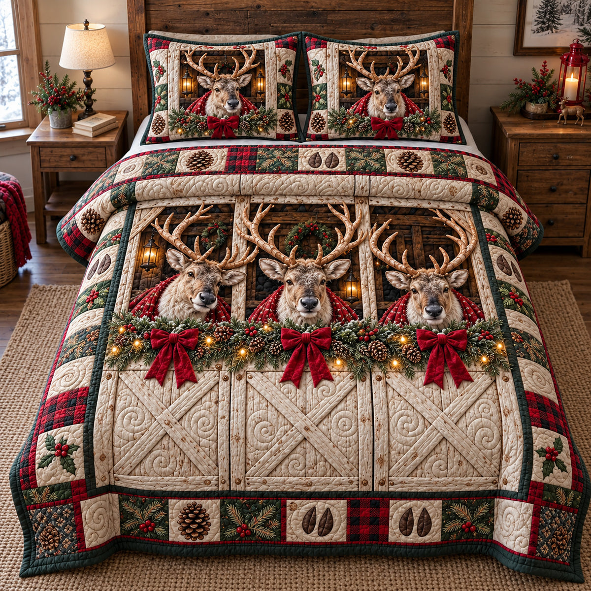 Christmas Deer Barn 3-Piece Quilted Bedding Set GFTOTP23215