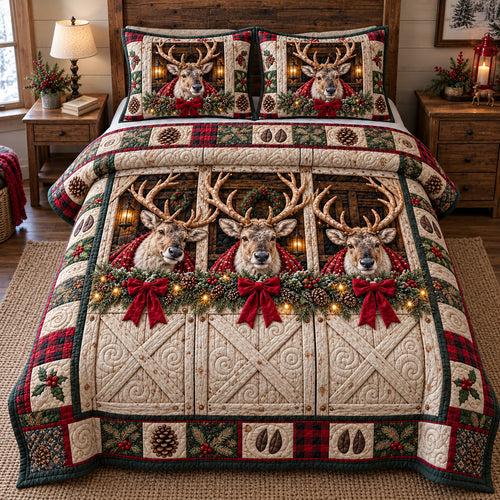 Christmas Deer Barn 3-Piece Quilted Bedding Set GFTOTP23215