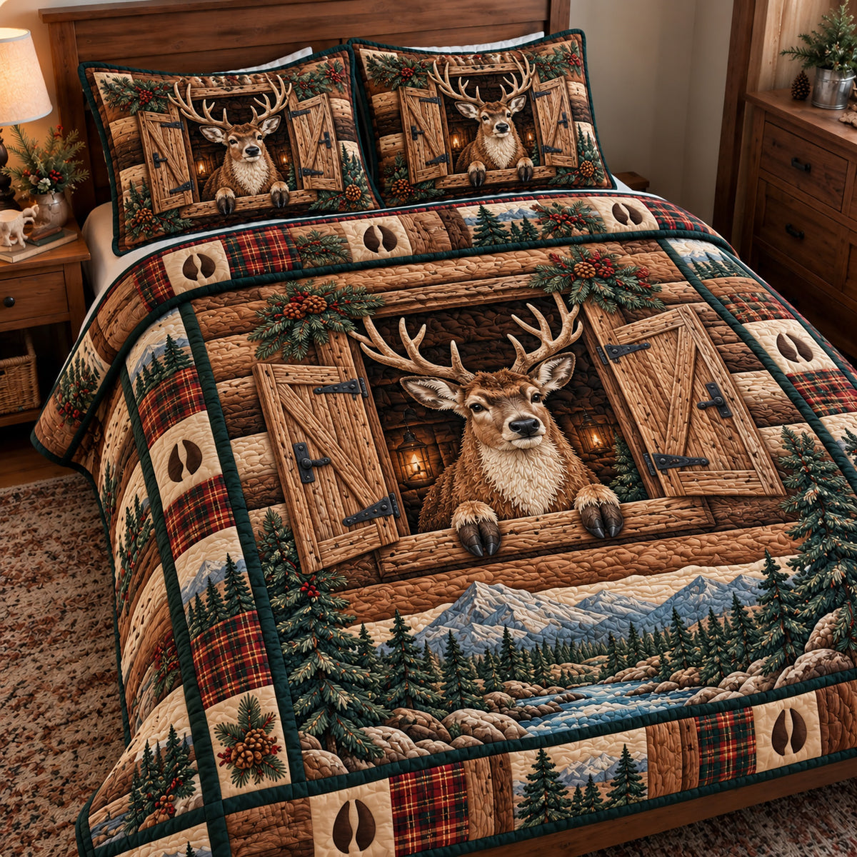 Rustic Deer Cabin 3-Piece Quilted Bedding Set GFTOTP23220