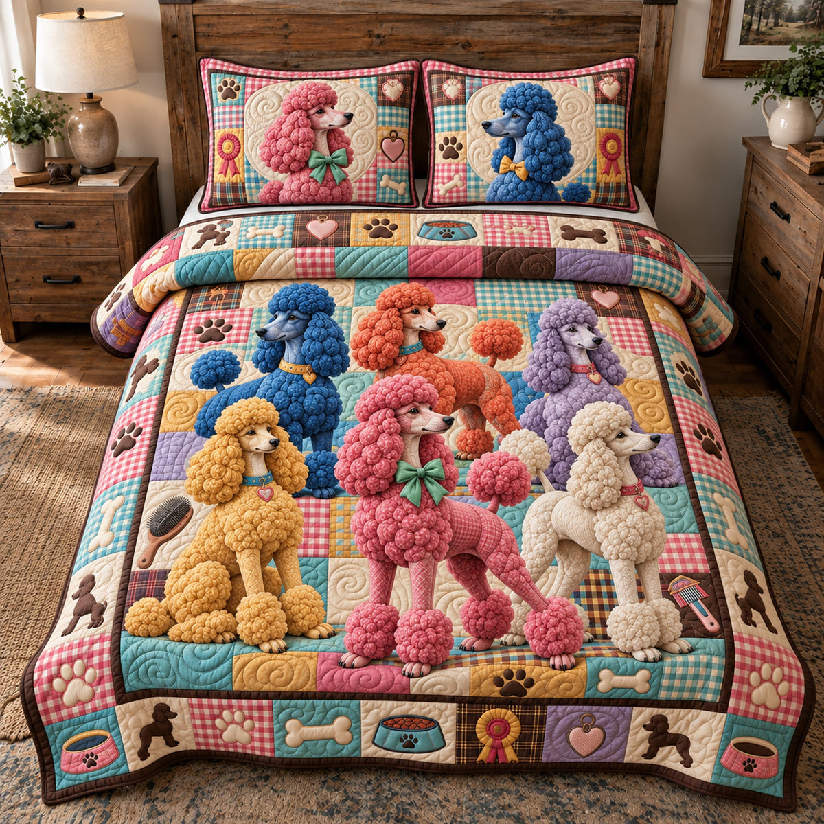 Poodle Crew Patchwork 3-Piece Quilted Bedding Set GFTOTP23226