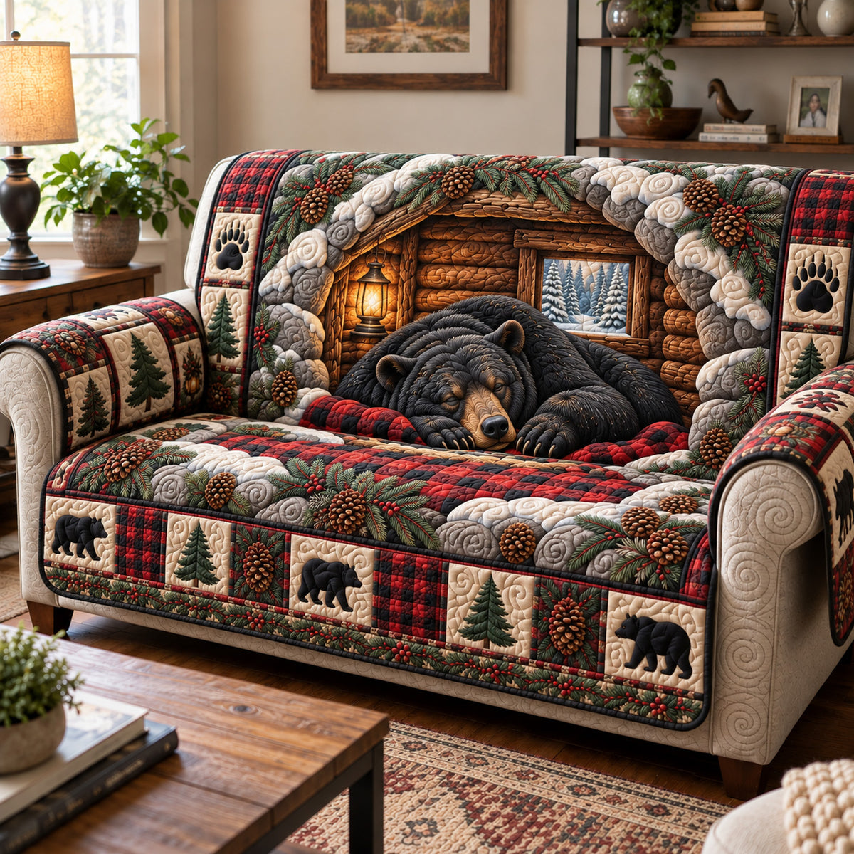 Cozy Cabin Bear Quilted Sofa Cover GFTOTP23300