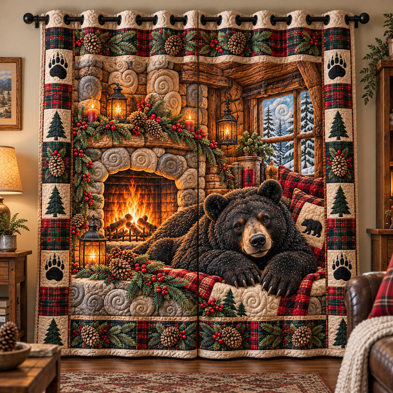 Cozy Fireplace Bear Quilted Curtains GFTOTP23348