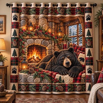 Cozy Fireplace Bear Quilted Curtains GFTOTP23348
