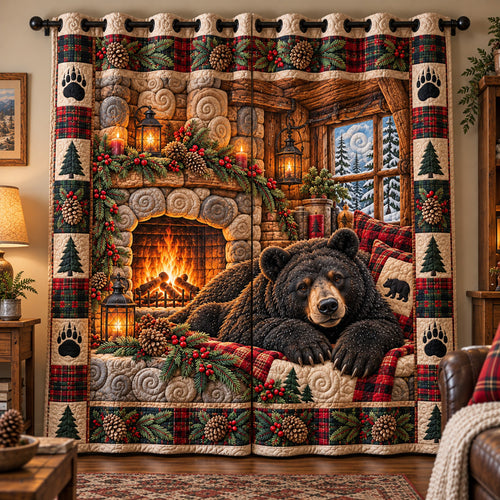 Cozy Fireplace Bear Quilted Curtains GFTOTP23348