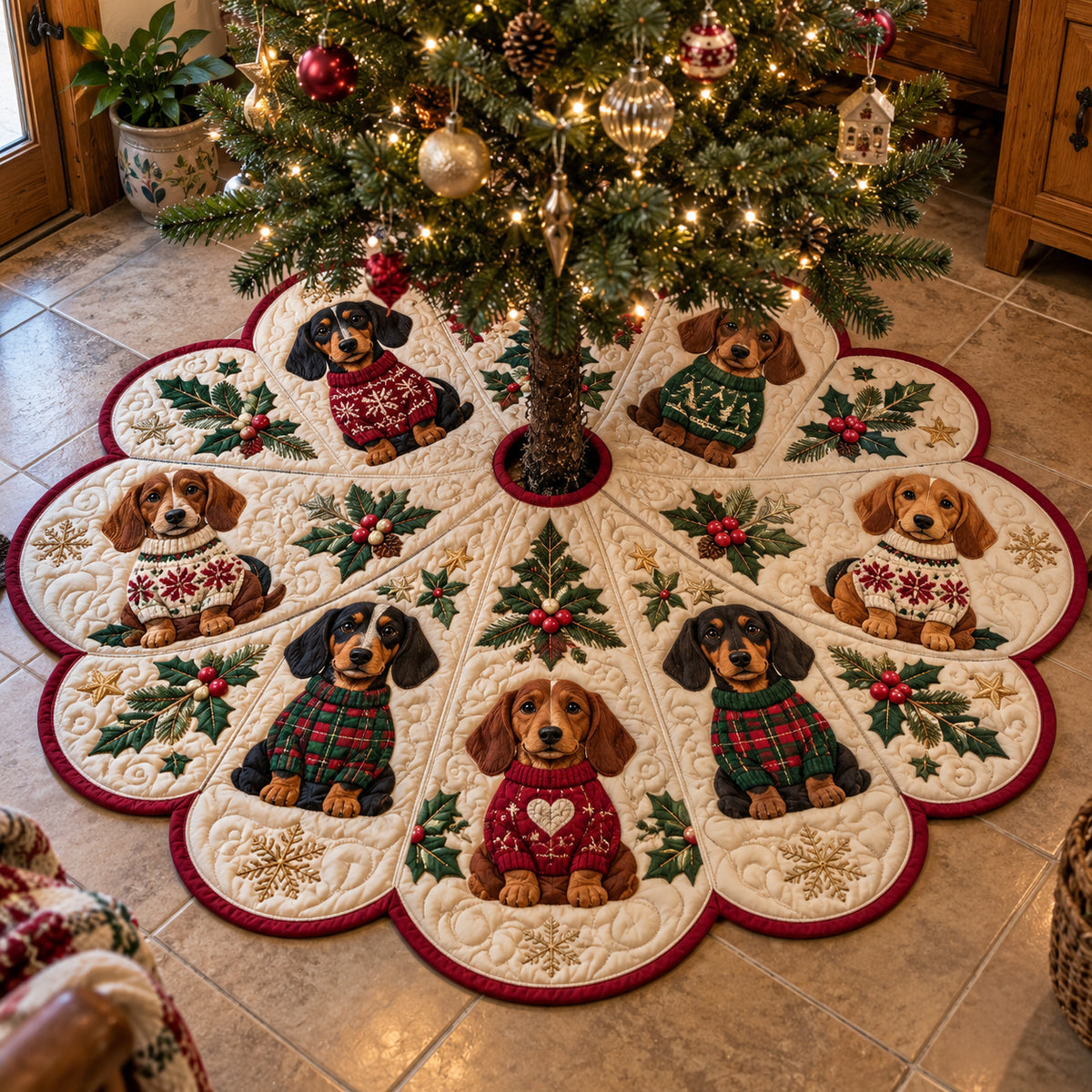 Holiday Dachshunds Custom Shape Christmas Quilted Tree Skirt GFTOTP23451