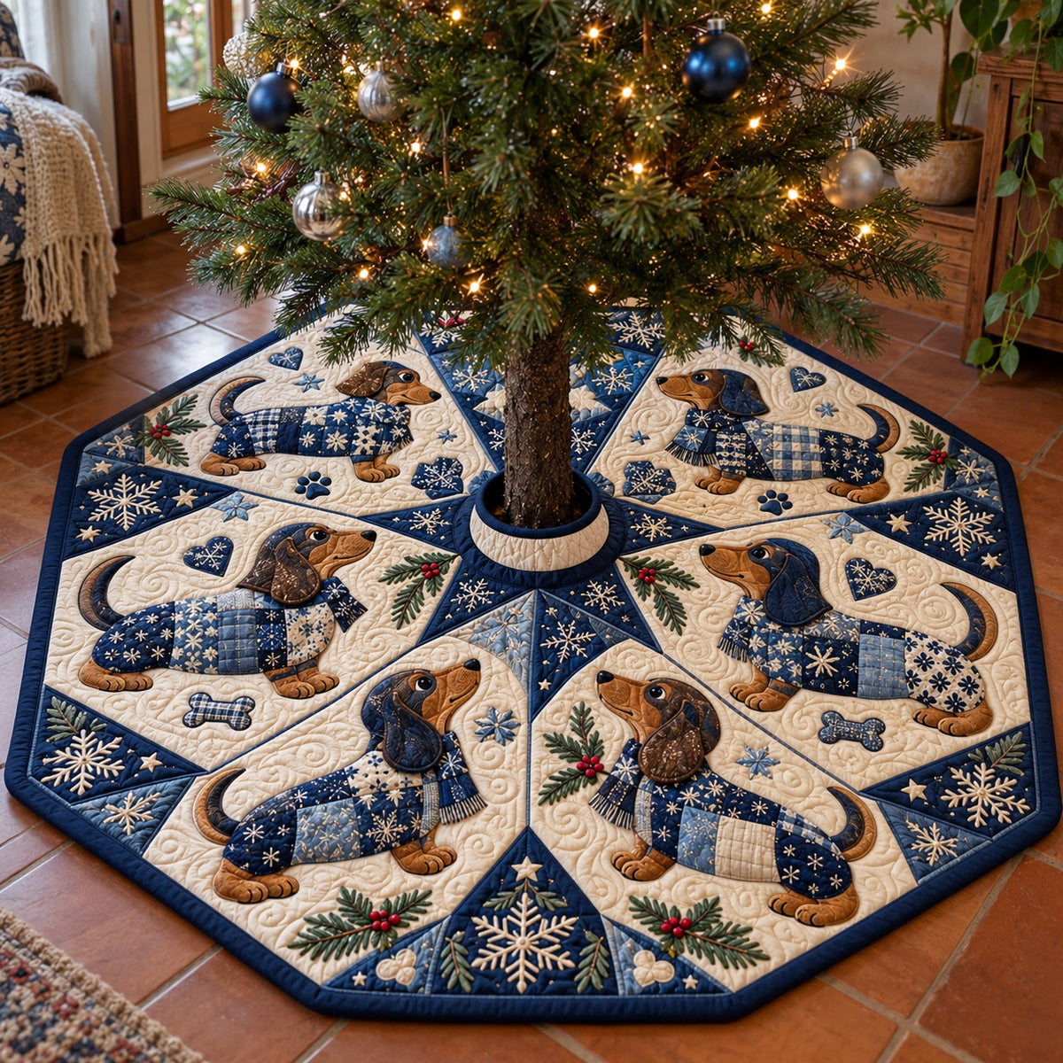 Holiday Dachshunds Custom Shape Christmas Quilted Tree Skirt GFTOTP23452