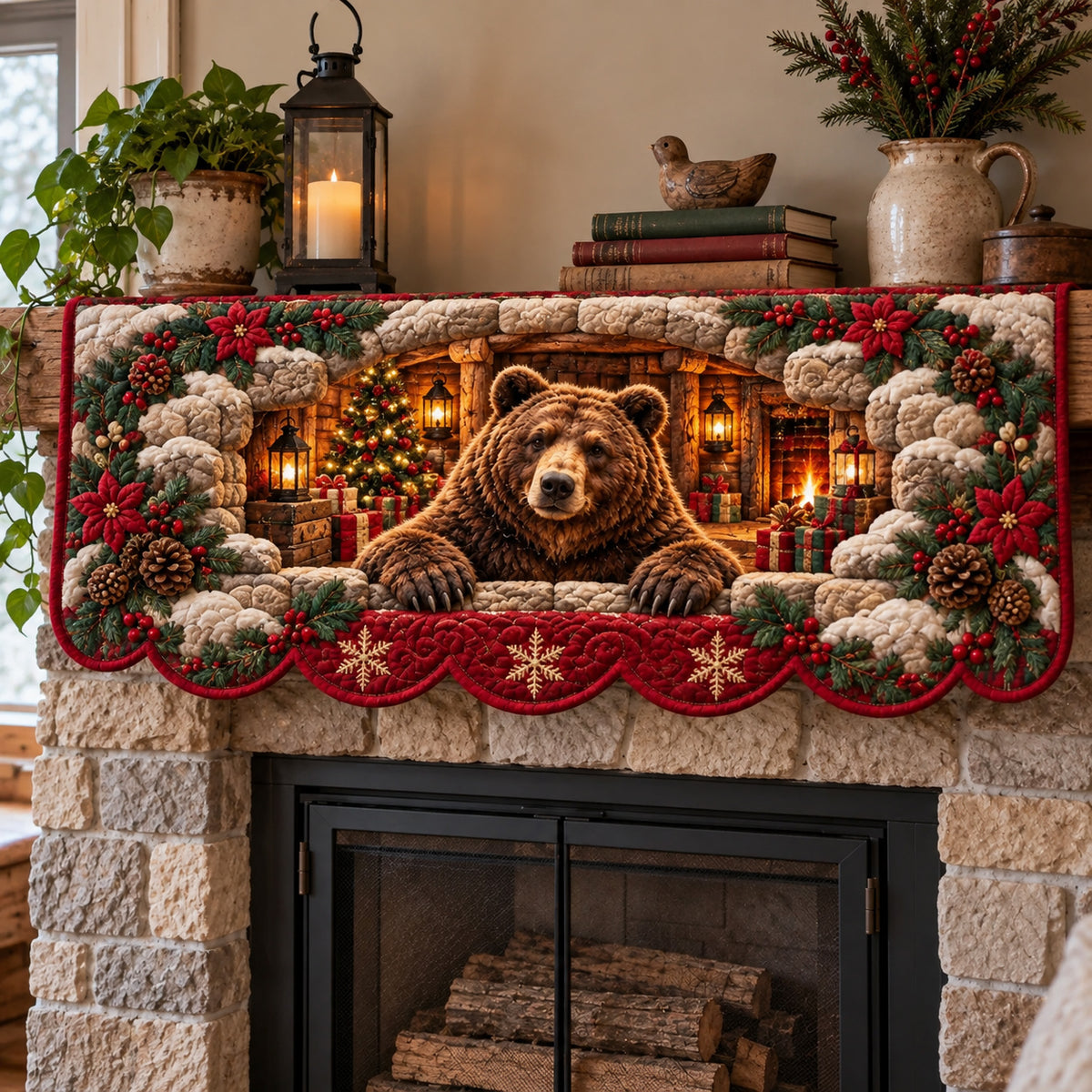 Winter Rustic Guardian Quilted Mantel Scarf GFTOTP23457