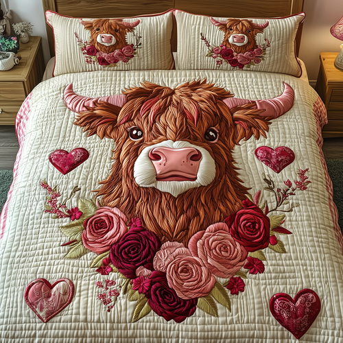 Pinky Sweetie Highland Cow 3-Piece Quilted Bedding Set GFTOTP2579