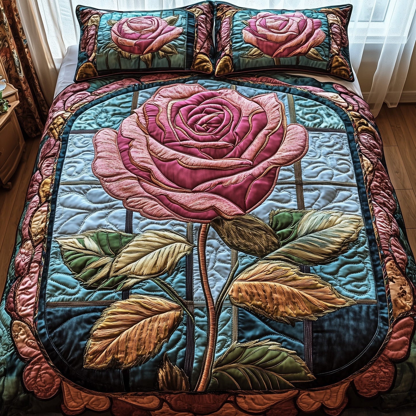 Golden Petal Rose 3-Piece Quilted Bedding Set GFTOTP3685