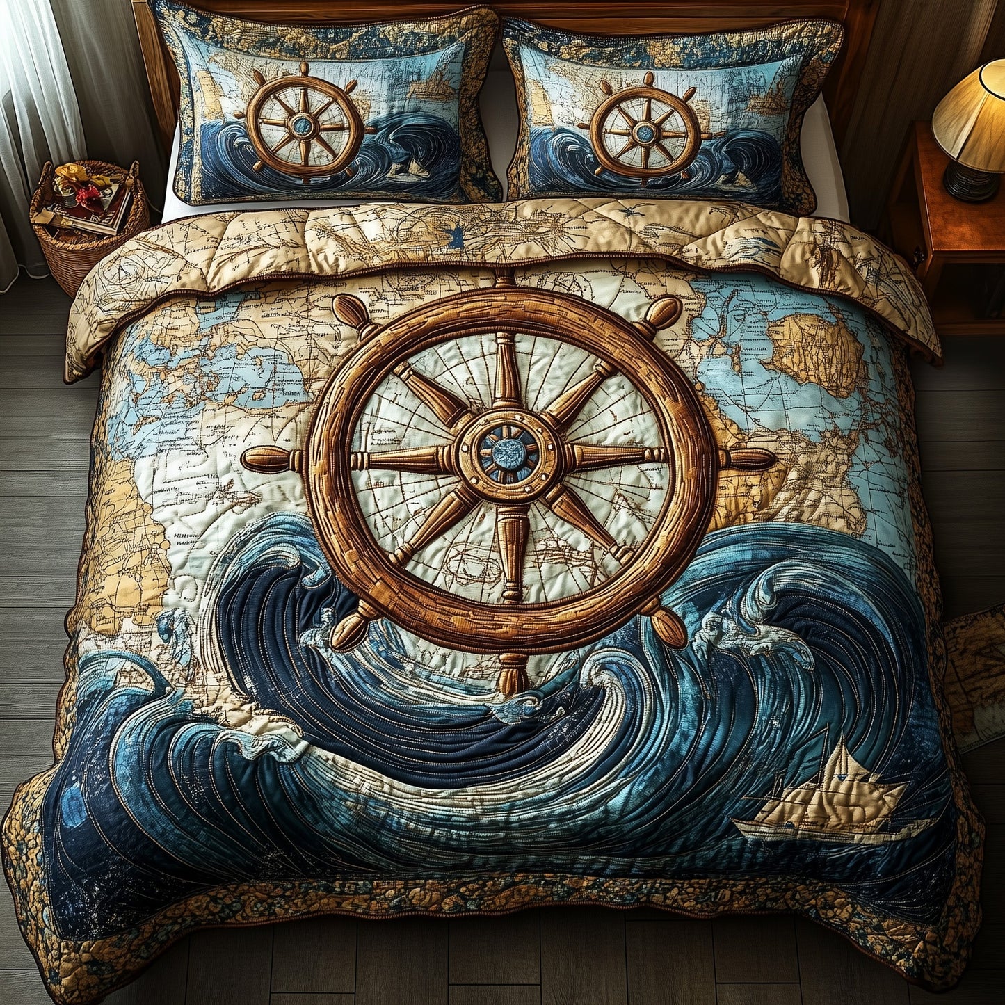 Nautical Ship Wheel 3-Piece Quilted Bedding Set GFTOTP4641