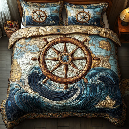 Nautical Ship Wheel 3-Piece Quilted Bedding Set GFTOTP4641