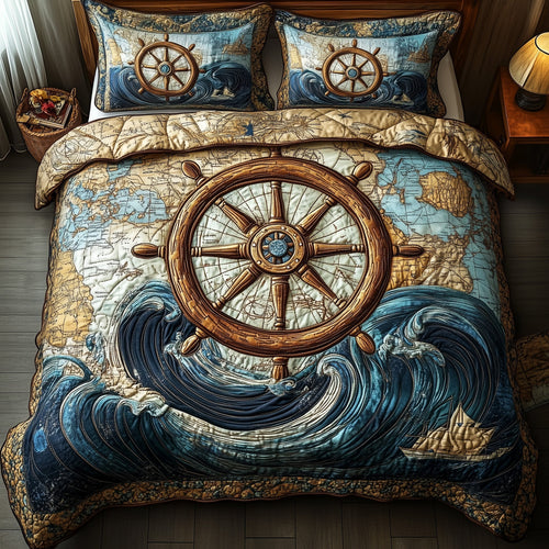 Nautical Ship Wheel 3-Piece Quilted Bedding Set GFTOTP4641
