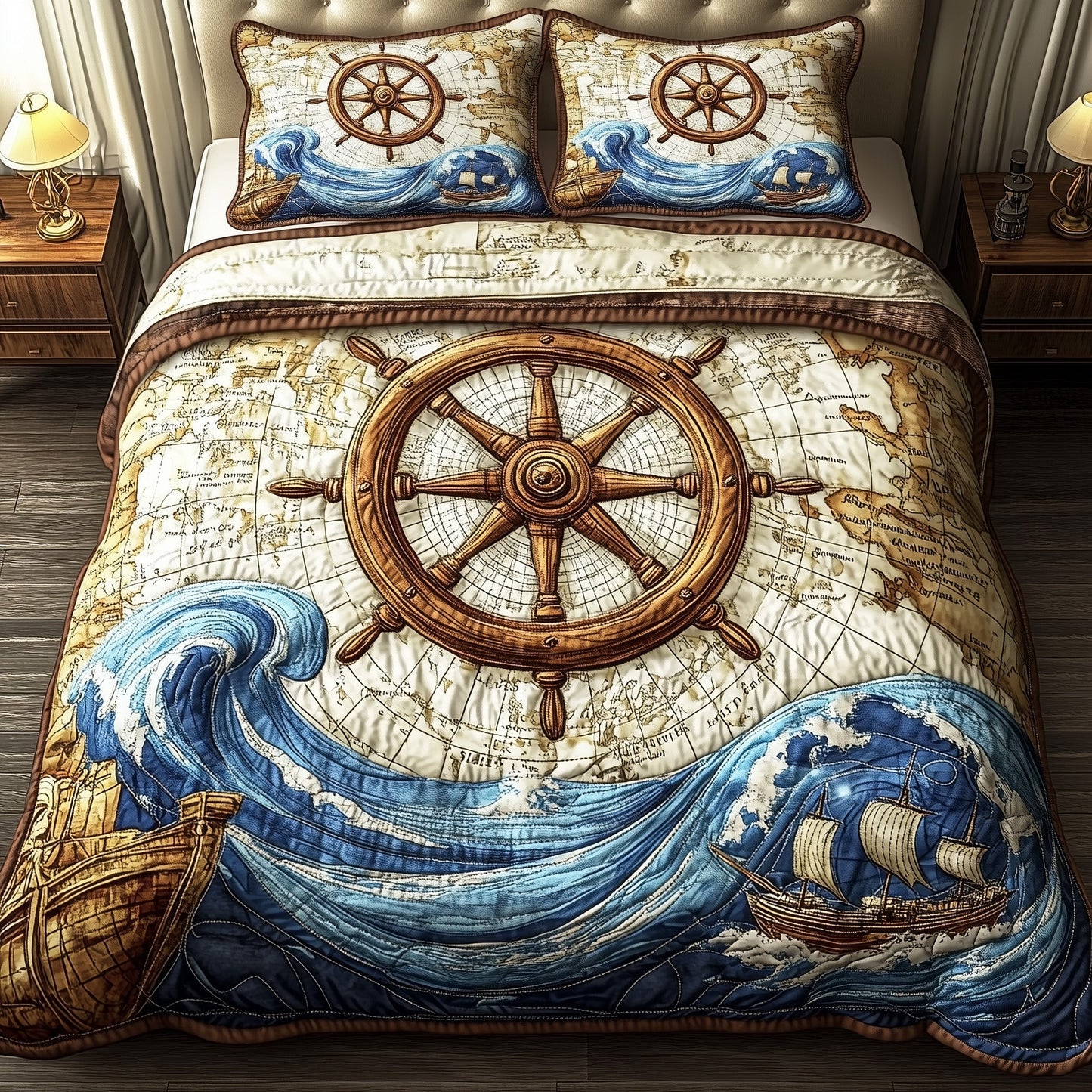 Nautical Ship Wheel 3-Piece Quilted Bedding Set GFTOTP4642