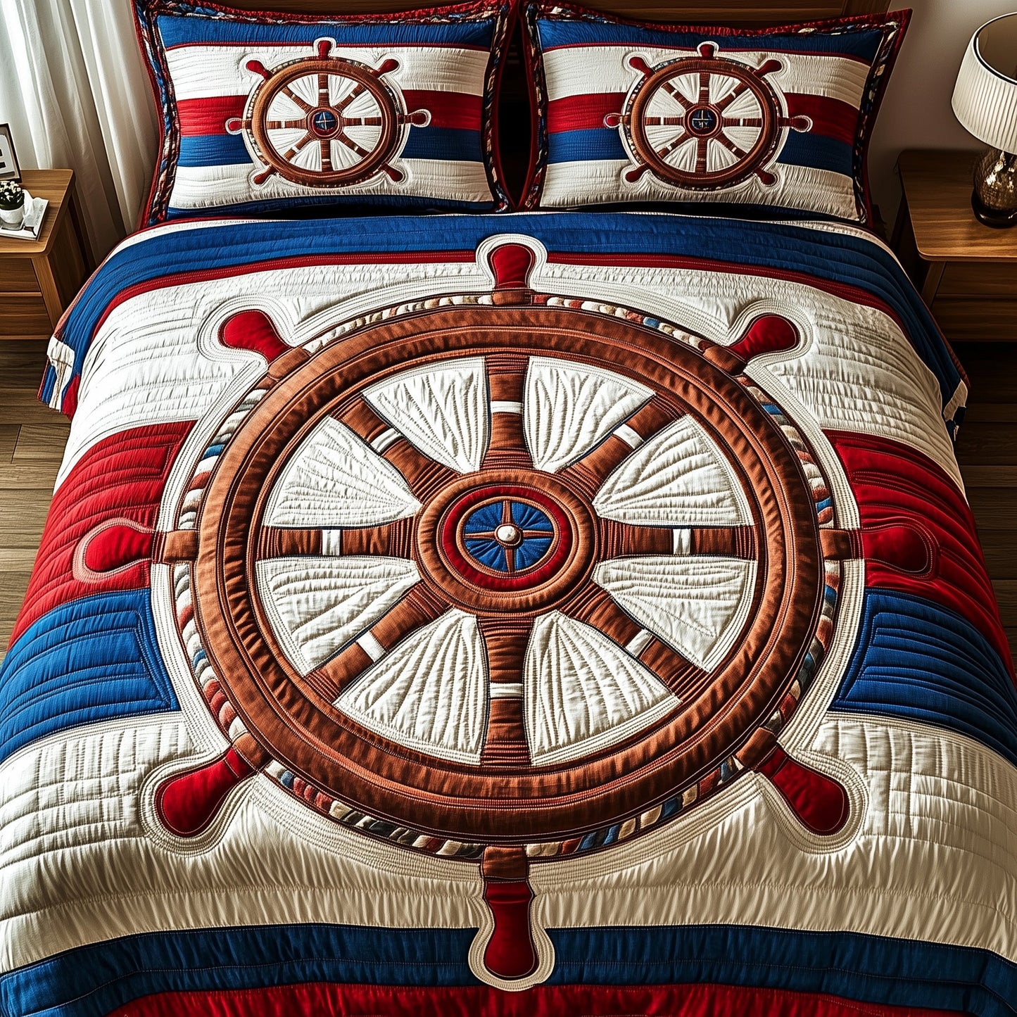 Nautical Ship Wheel 3-Piece Quilted Bedding Set GFTOTP4645