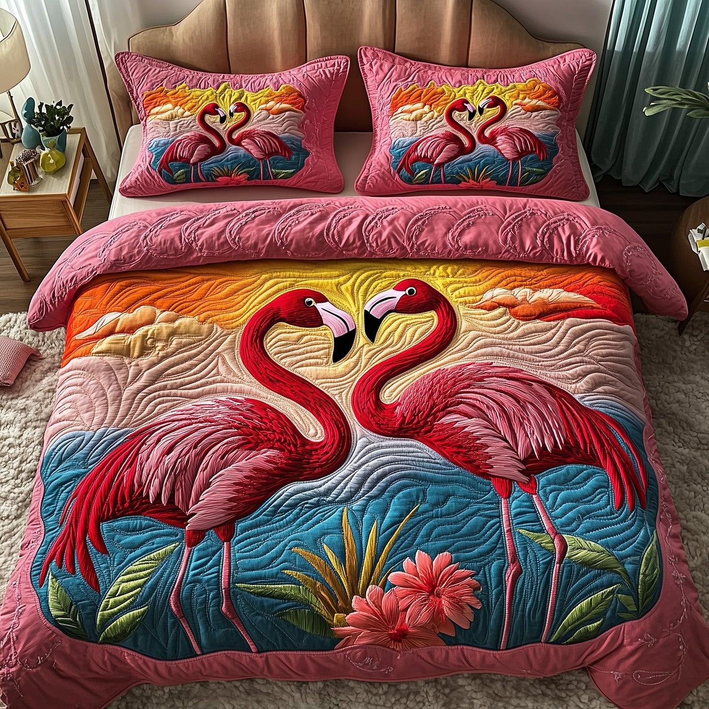 Flamingo Embrace 3-Piece Quilted Bedding Set GFTOTP5647