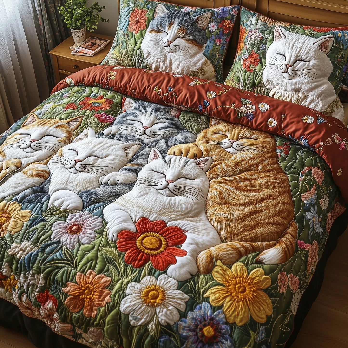 Floral Cat Haven 3-Piece Quilted Bedding Set GFTOTP7430