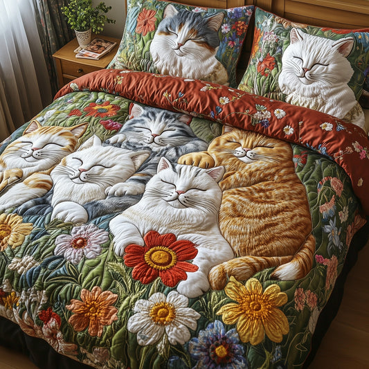 Floral Cat Haven 3-Piece Quilted Bedding Set GFTOTP7430