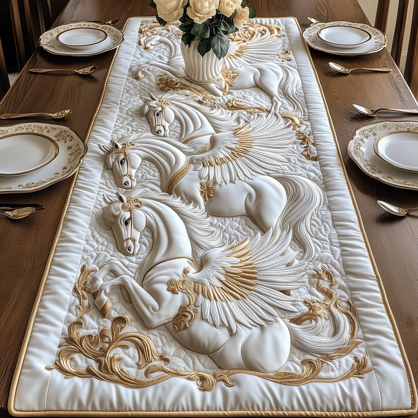 Elegant White Horse Quilted Table Runner GFTOTP8511