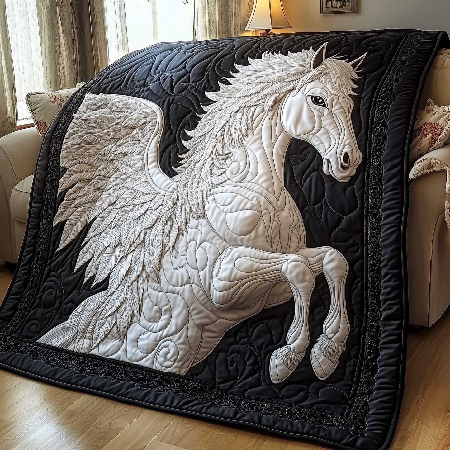 Elegant White Horse Quilted Blanket GFTOTP8520