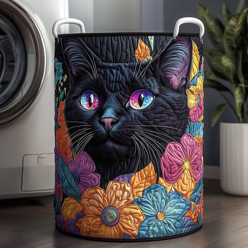 Floral Black Cat Quilted Laundry Basket GFTOXM278