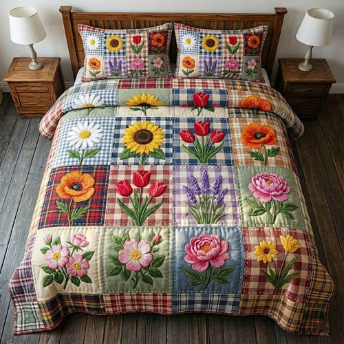 Flowers Patchwork 3-Piece Quilted Bedding Set GFTOYC3457