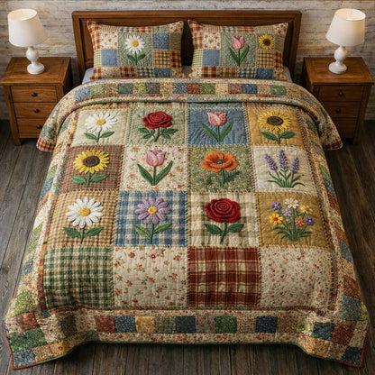Flowers Patchwork 3-Piece Quilted Bedding Set GFTOYC3458