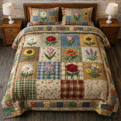 Flowers Patchwork 3-Piece Quilted Bedding Set GFTOYC3458