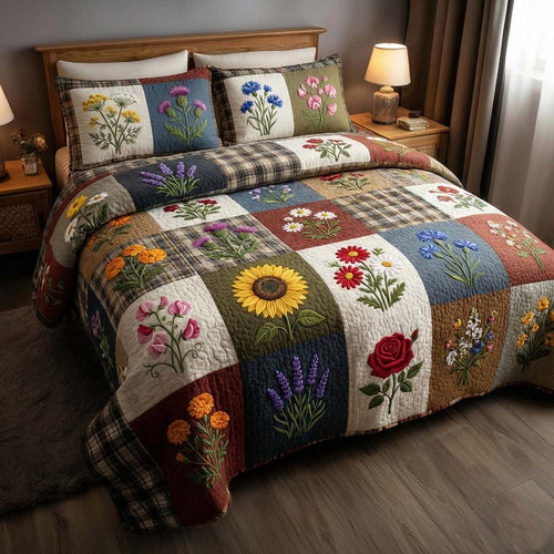 Flowers Patchwork 3-Piece Quilted Bedding Set GFTOYC3459