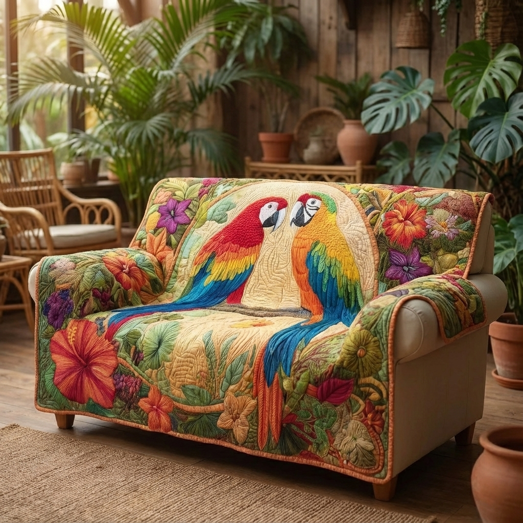 Tropical Parrots Quilted Sofa Cover GFTOQM1598