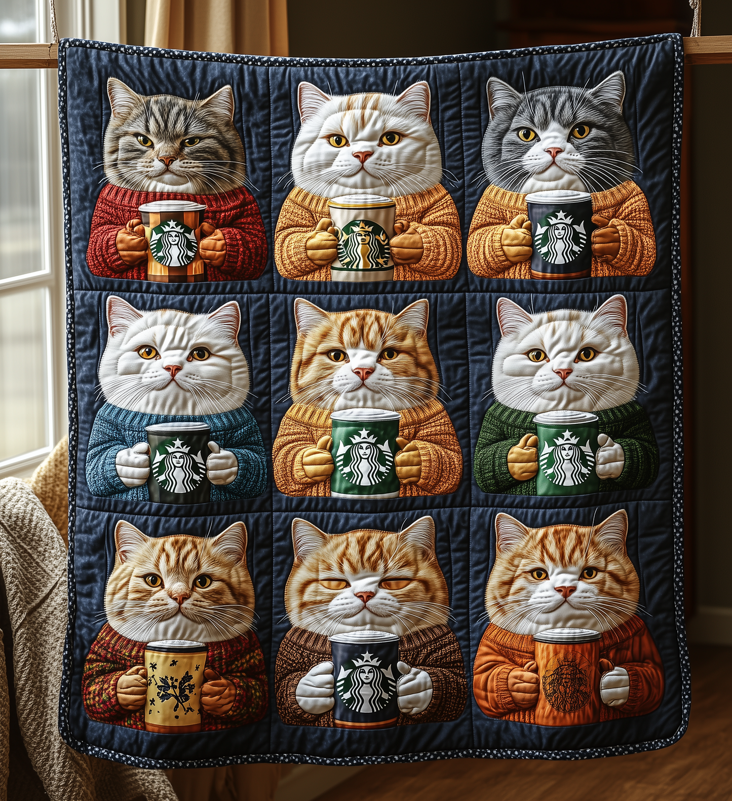 Royal Cats Drinking Coffee Quilted Blanket NKL004