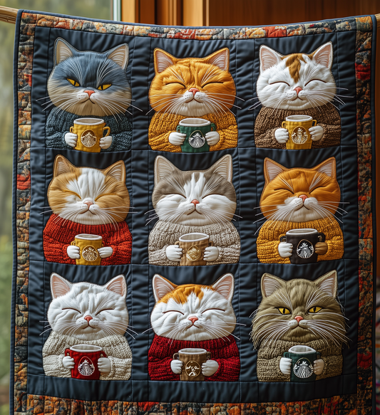 Royal Cats Drinking Coffee Quilted Blanket NKL008