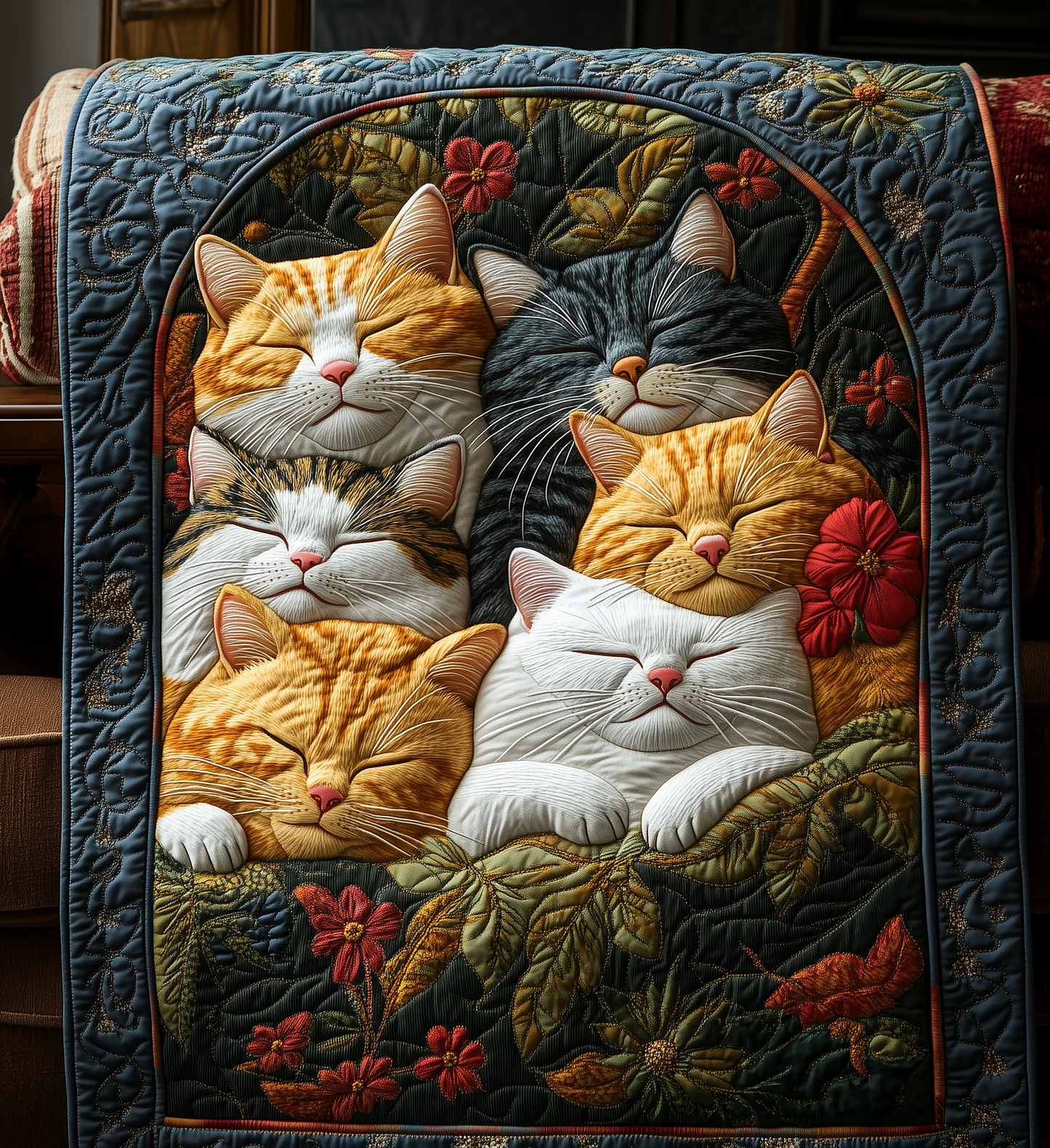 Sleeping Cats Royal Blooms And Leaves Quilted Blanket NKL013